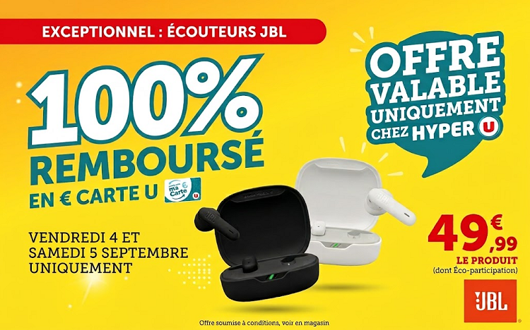 Bon plan: Écouteurs JBL Vibe Flex 2 gratuits chez Hyper U : 100% remboursés carte U