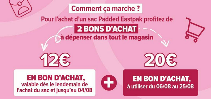 Sac à dos Eastpak Padded 100% remboursé en 2 bons d'achat de 12€ et 20€